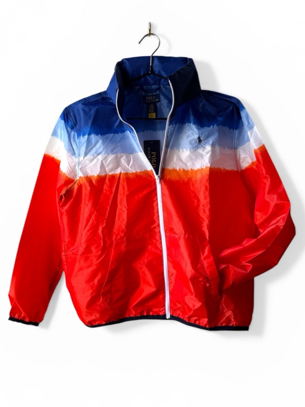Polo Ralph Lauren Boys Ombre Windbreaker Jacket Blue Orange Red White Full Zip L